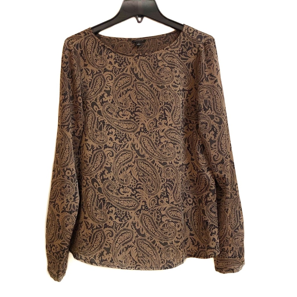 Ann Taylor Paisley Tapestry Medallion Brown Long Sleeve Tee Top Blouse EUC S